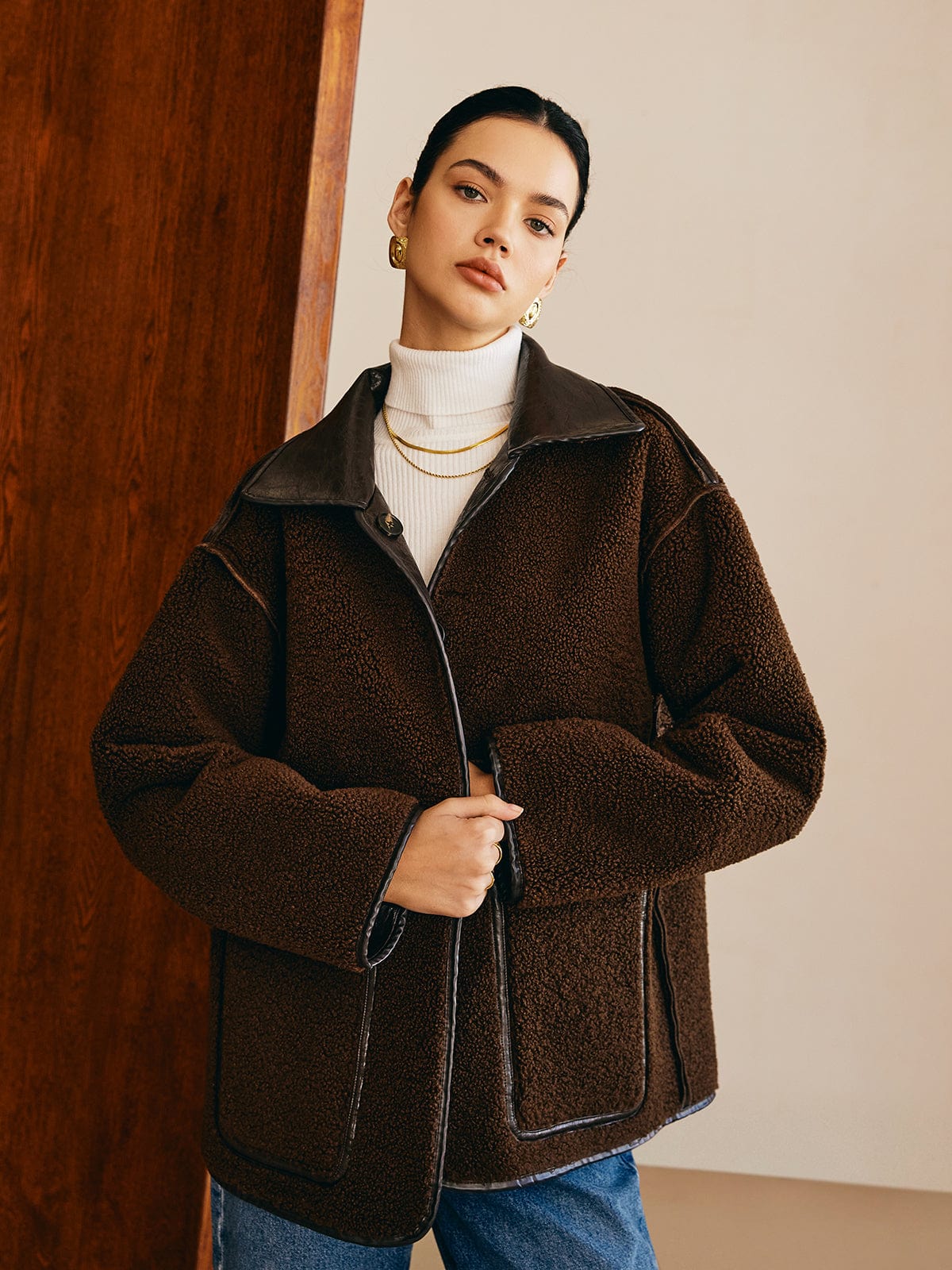 R&B | Schwarze Lederjacke mit Teddy Futter