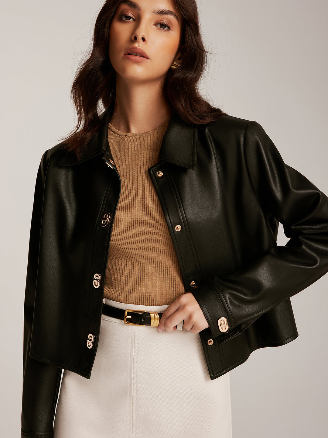 R&B | Knopf PU Leder Kurze Jacke