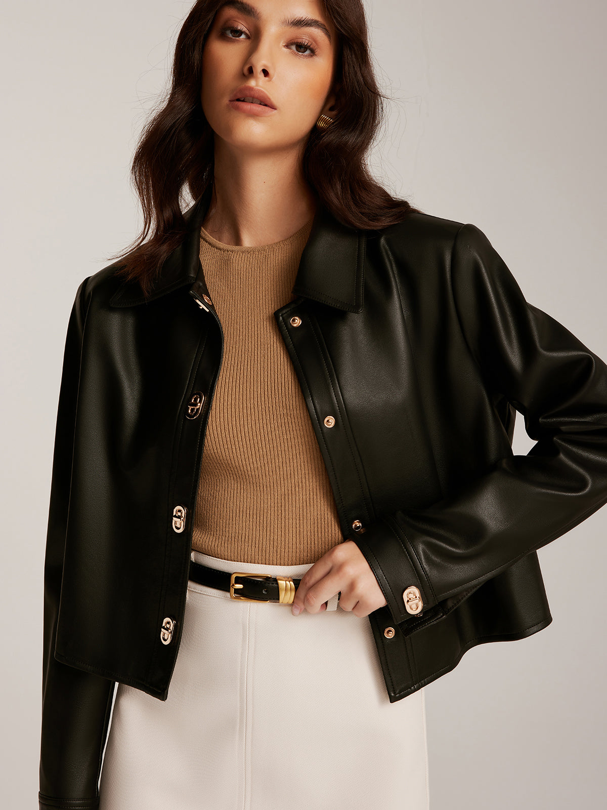 R&B | Knopf PU Leder Kurze Jacke