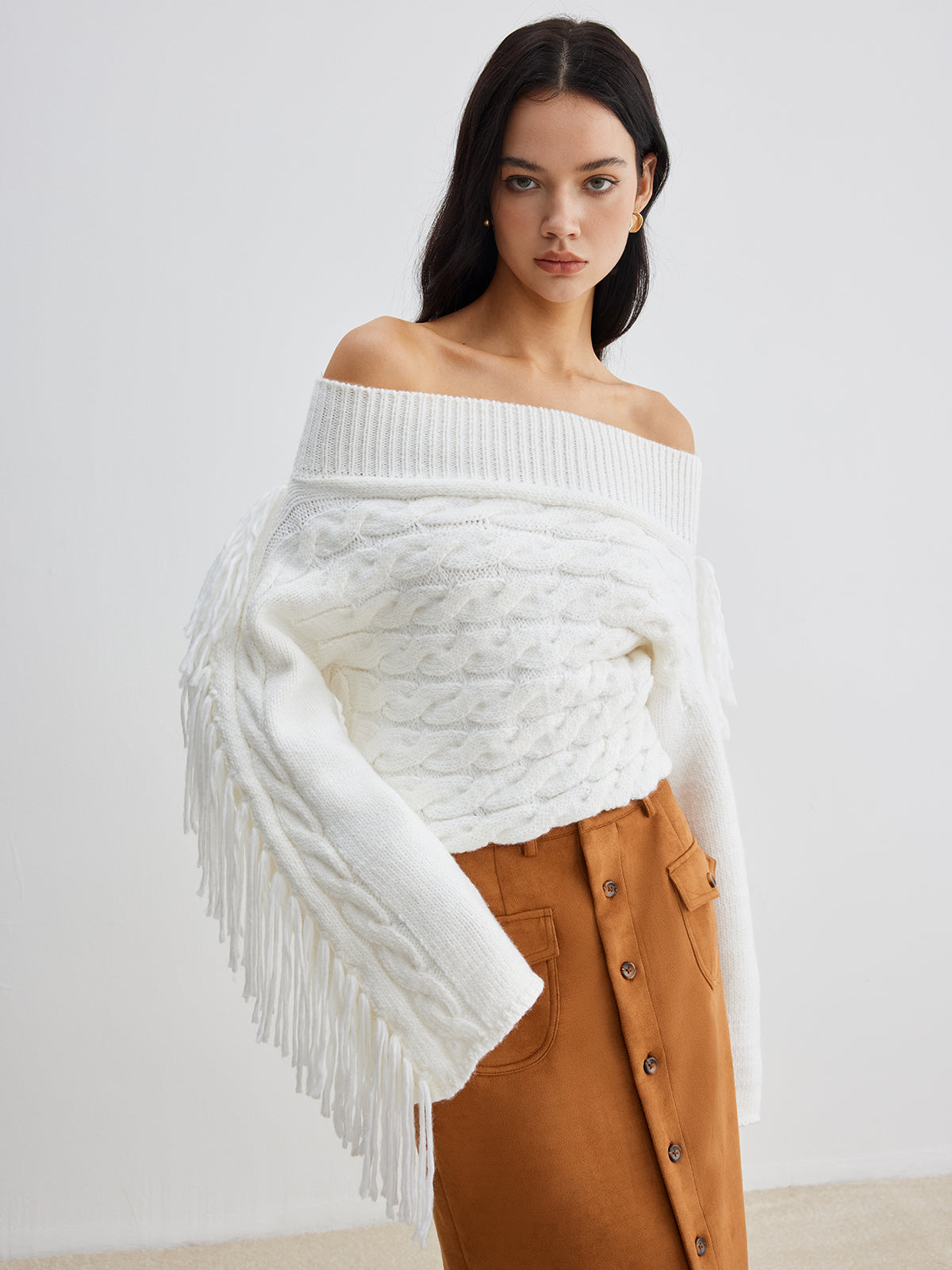 R&B | Off-shoulder Kabelstrick Pullover Unik und Trendy mit Fransen