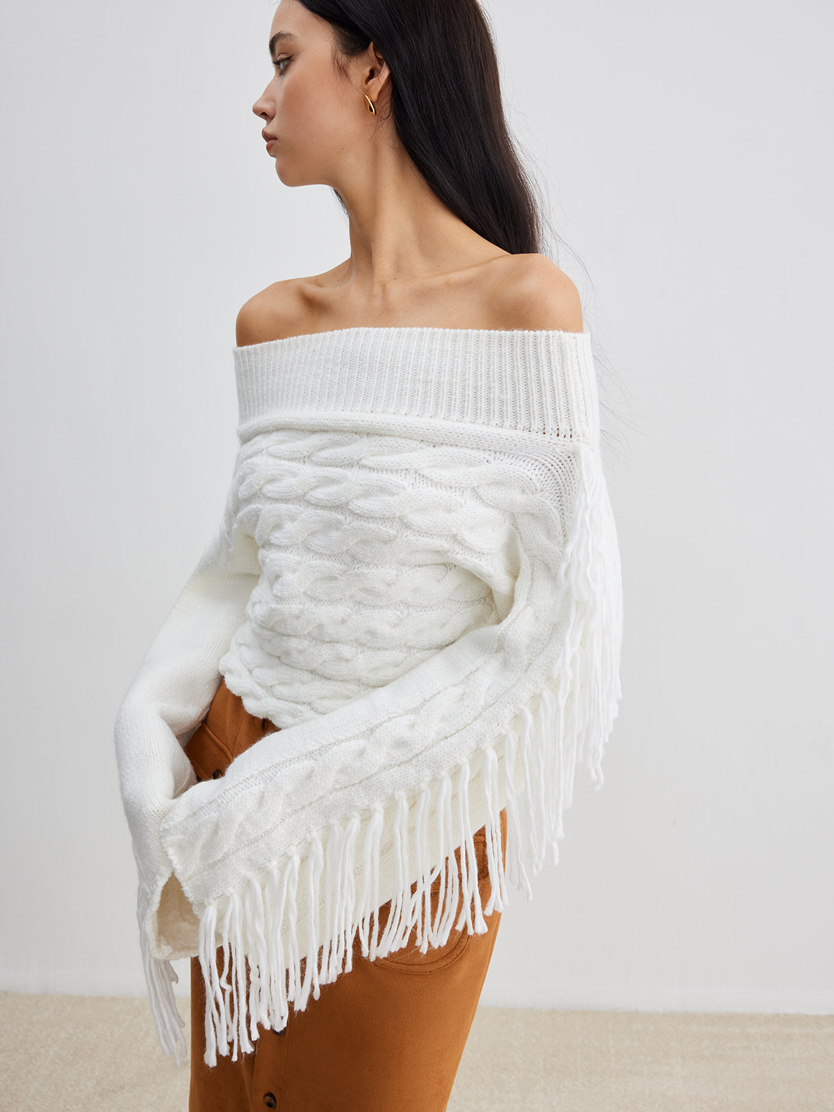 R&B | Off-shoulder Kabelstrick Pullover Unik und Trendy mit Fransen