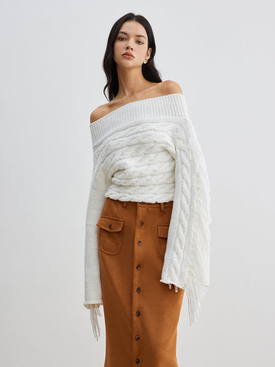 R&B | Off-shoulder Kabelstrick Pullover Unik und Trendy mit Fransen