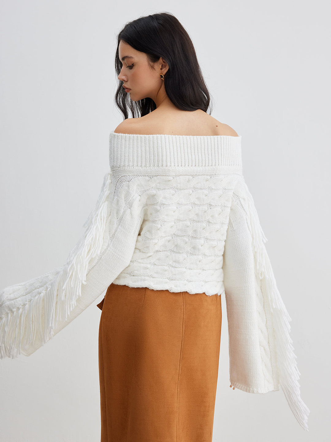 R&B | Off-shoulder Kabelstrick Pullover Unik und Trendy mit Fransen