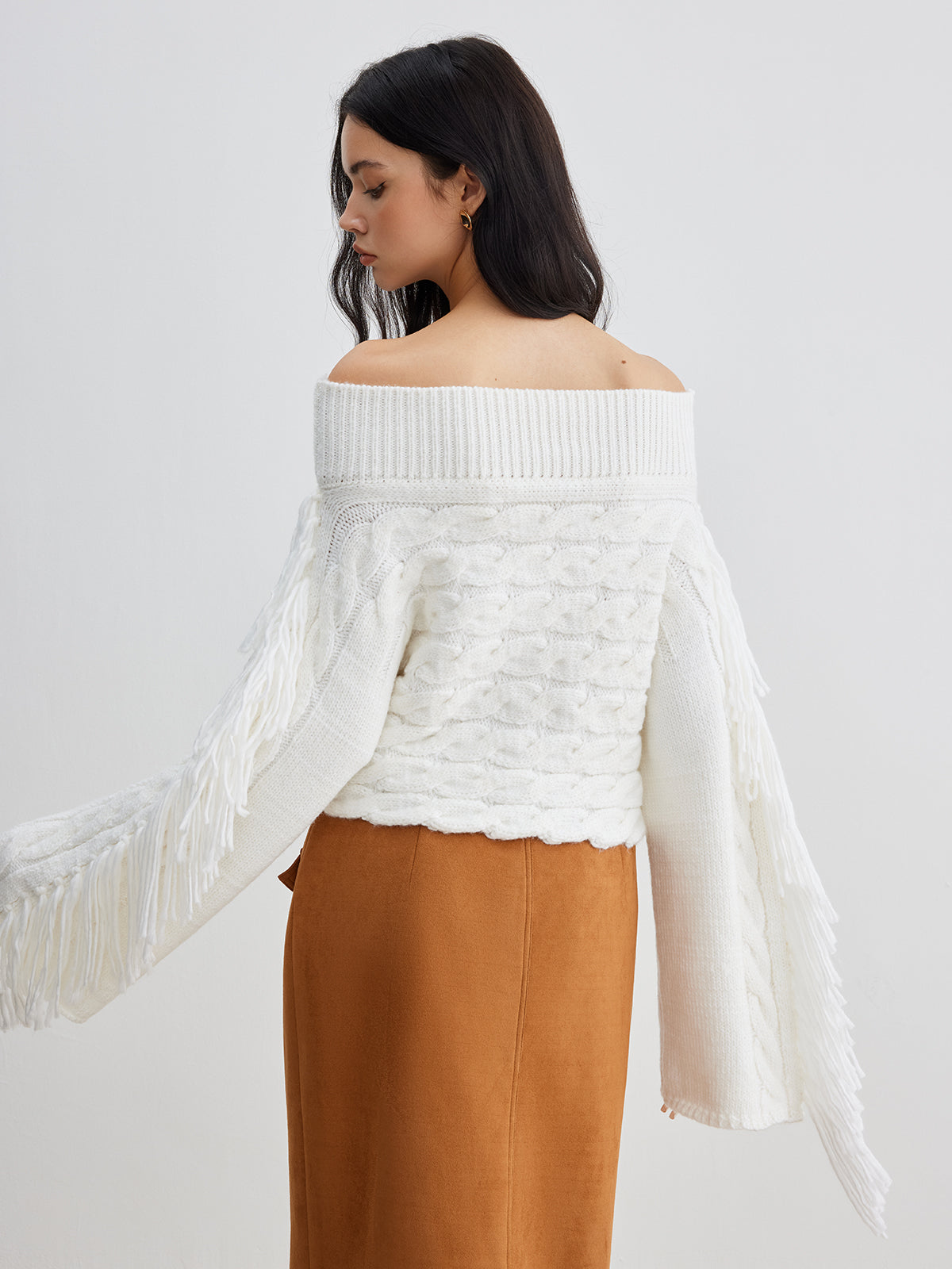 R&B | Off-shoulder Kabelstrick Pullover Unik und Trendy mit Fransen