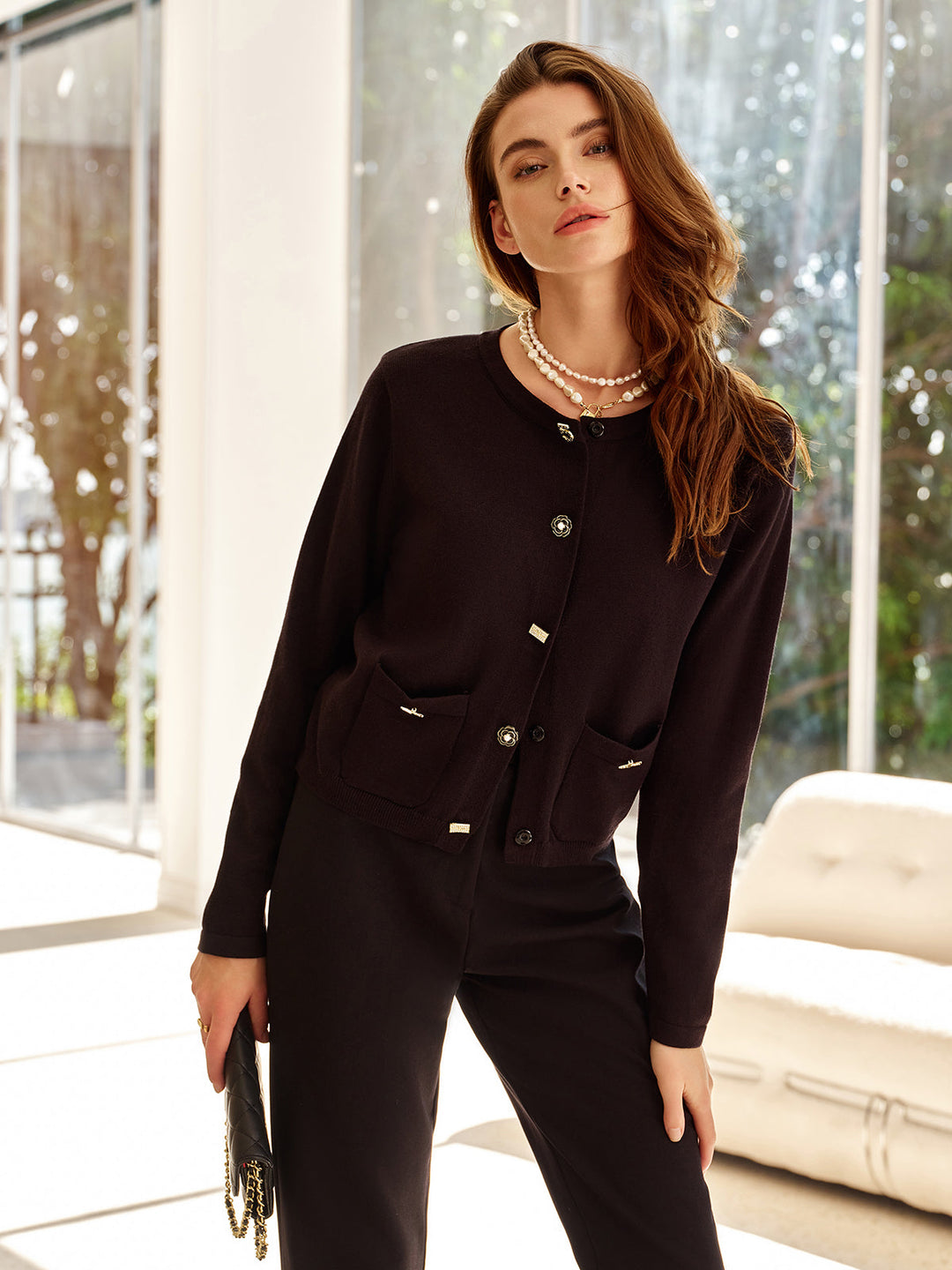 R&B | Cardigan mit Dekorativen Knöpfen und Taschen Rundhals Elegant und Klassisch