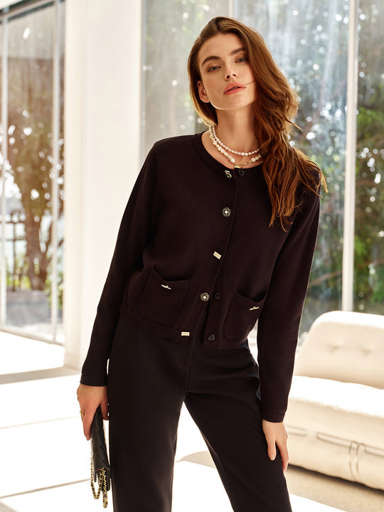 R&B | Cardigan mit Dekorativen Knöpfen und Taschen Rundhals Elegant und Klassisch