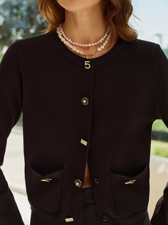 R&B | Cardigan mit Dekorativen Knöpfen und Taschen Rundhals Elegant und Klassisch