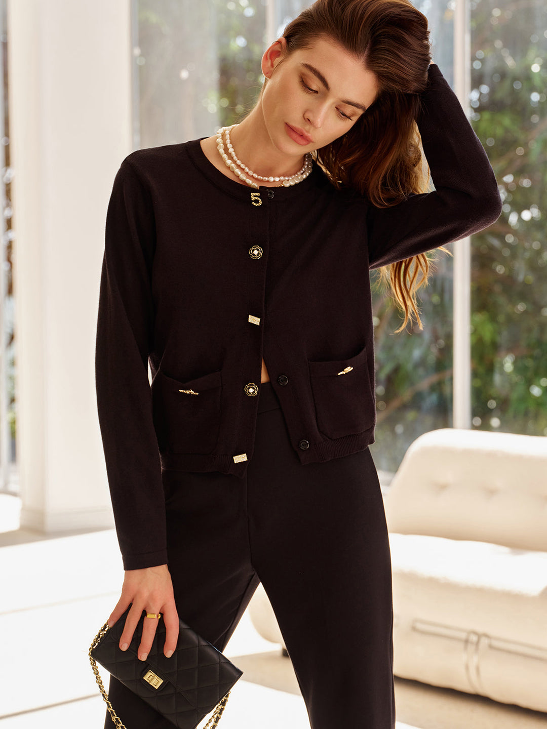 R&B | Cardigan mit Dekorativen Knöpfen und Taschen Rundhals Elegant und Klassisch
