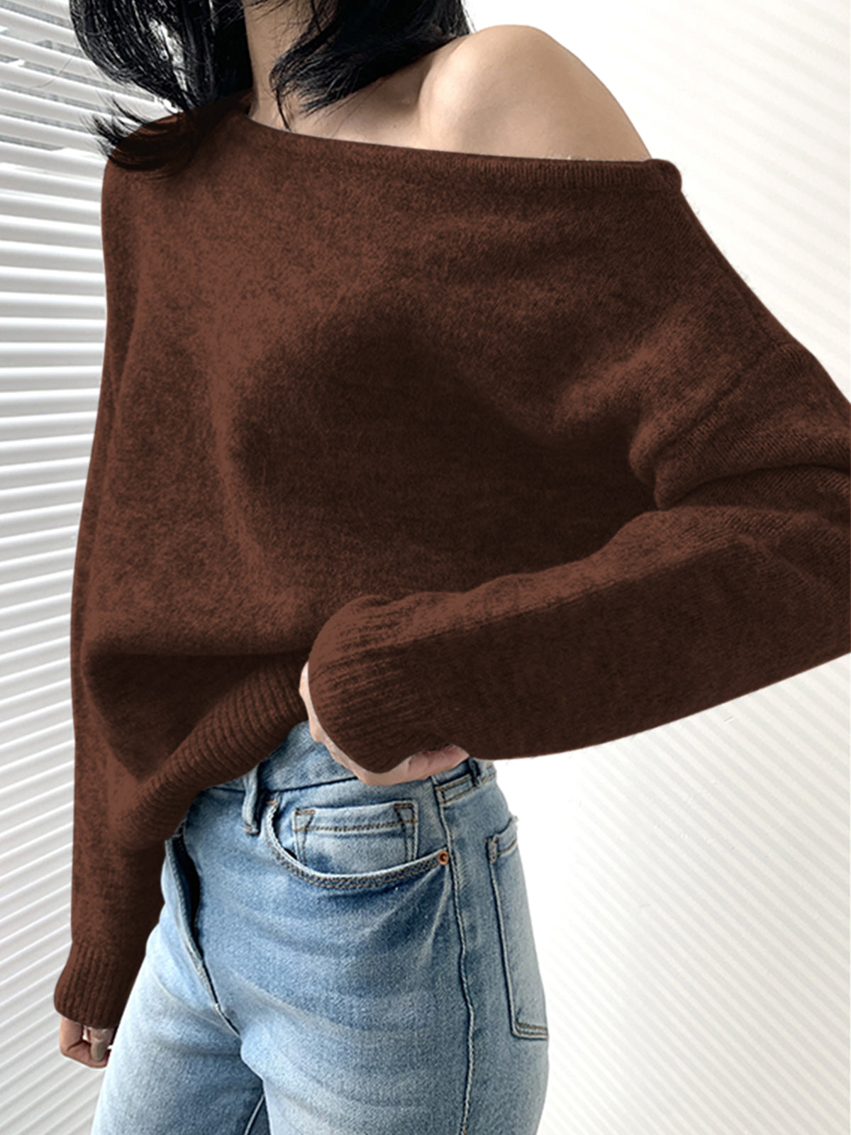 R&B | Off-shoulder Strickpullover Weiche Wollmischung Zertifizierte Eleganz