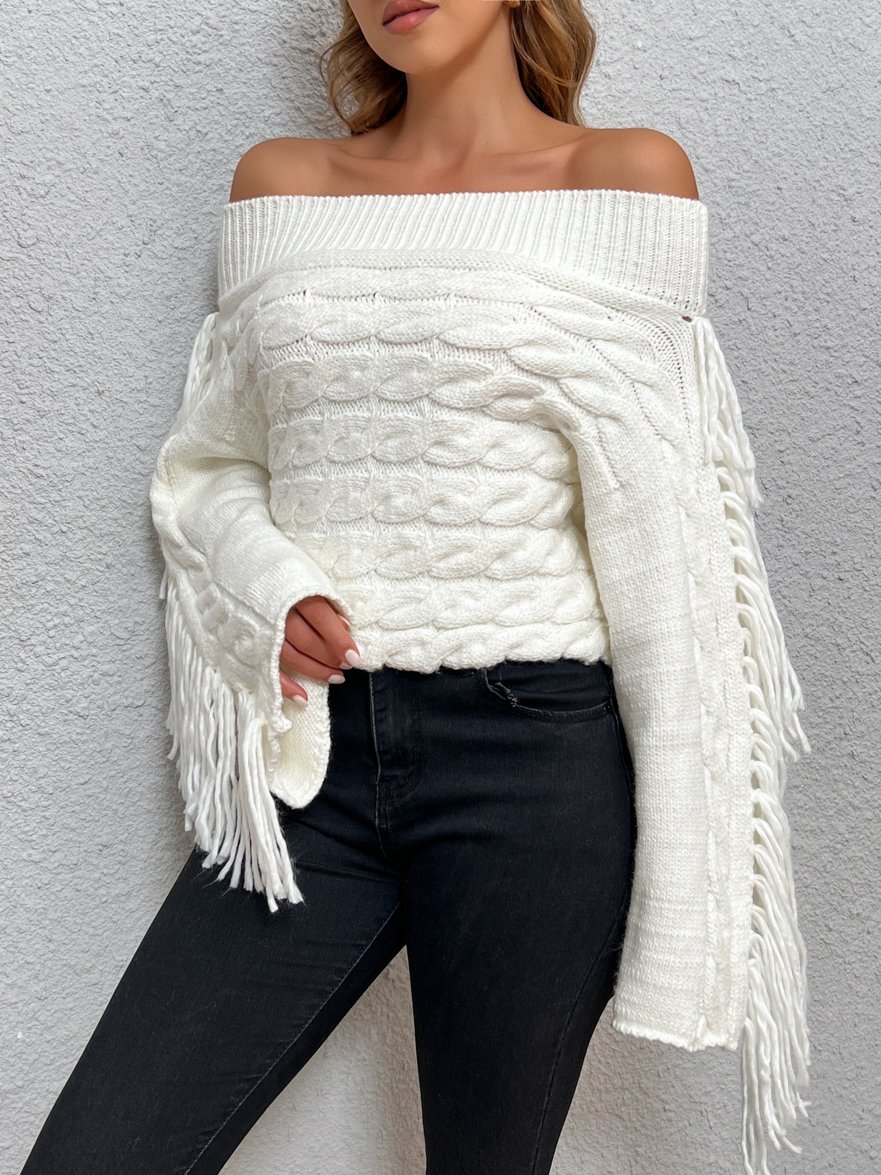 R&B | Off-shoulder Kabelstrick Pullover Unik und Trendy mit Fransen