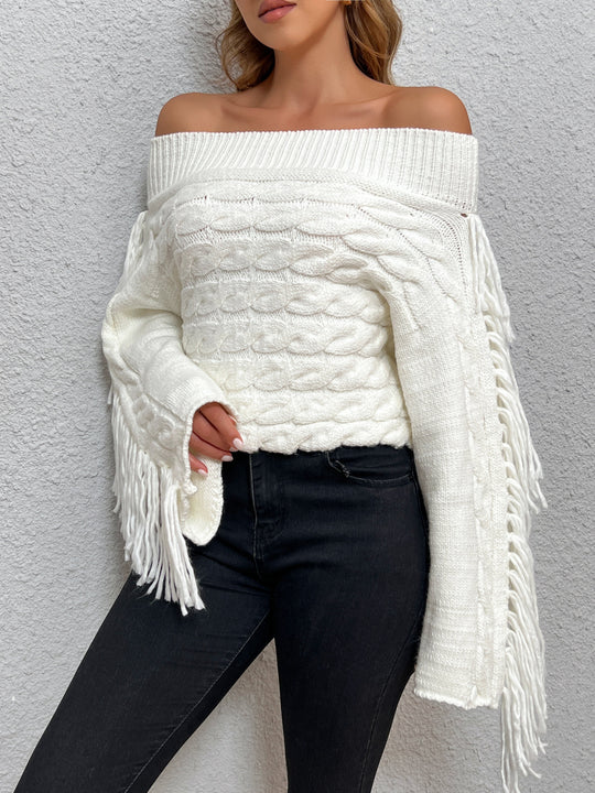R&B | Off-shoulder Kabelstrick Pullover Unik und Trendy mit Fransen