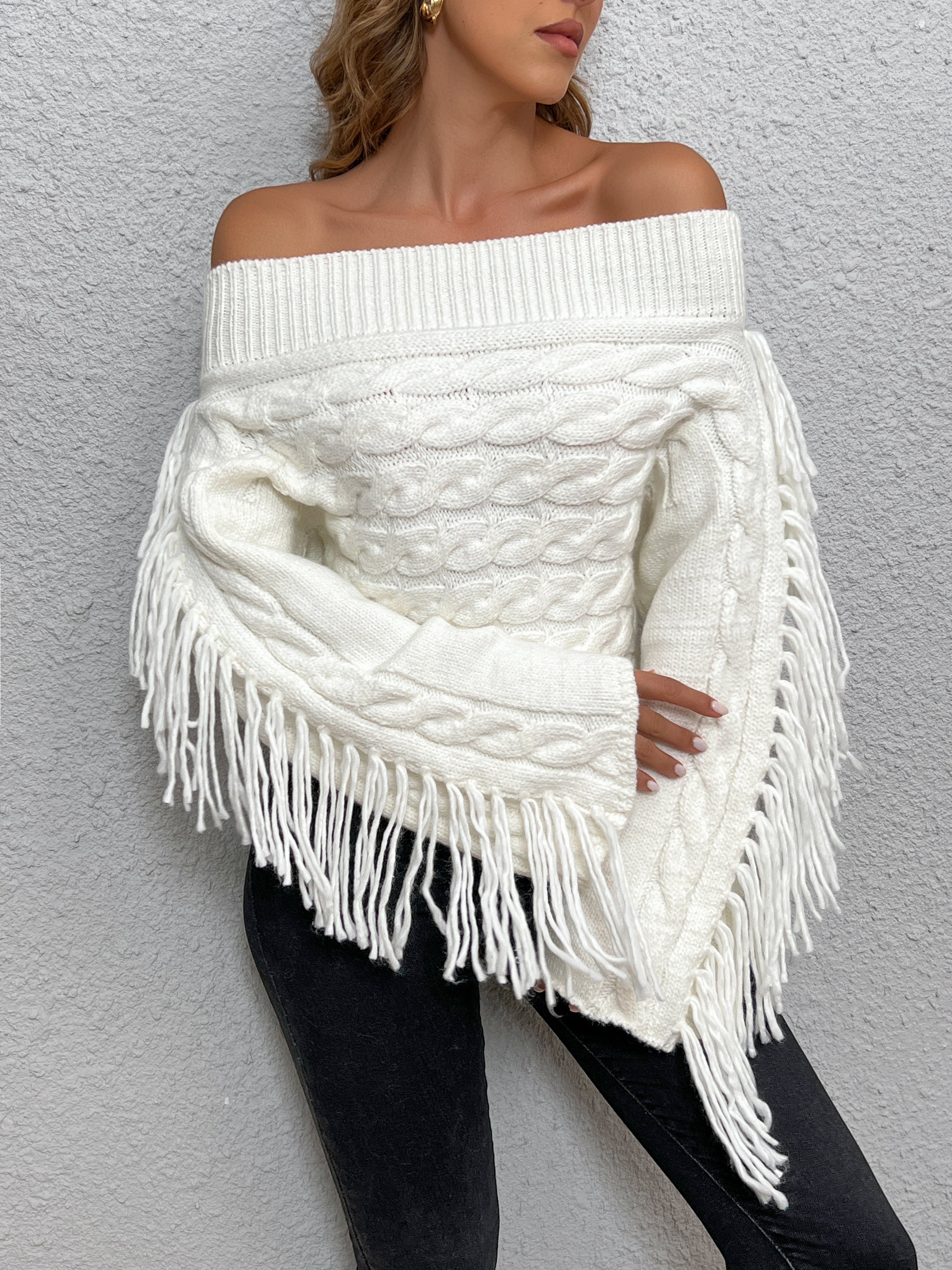 R&B | Off-shoulder Kabelstrick Pullover Unik und Trendy mit Fransen