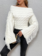 R&B | Off-shoulder Kabelstrick Pullover Unik und Trendy mit Fransen