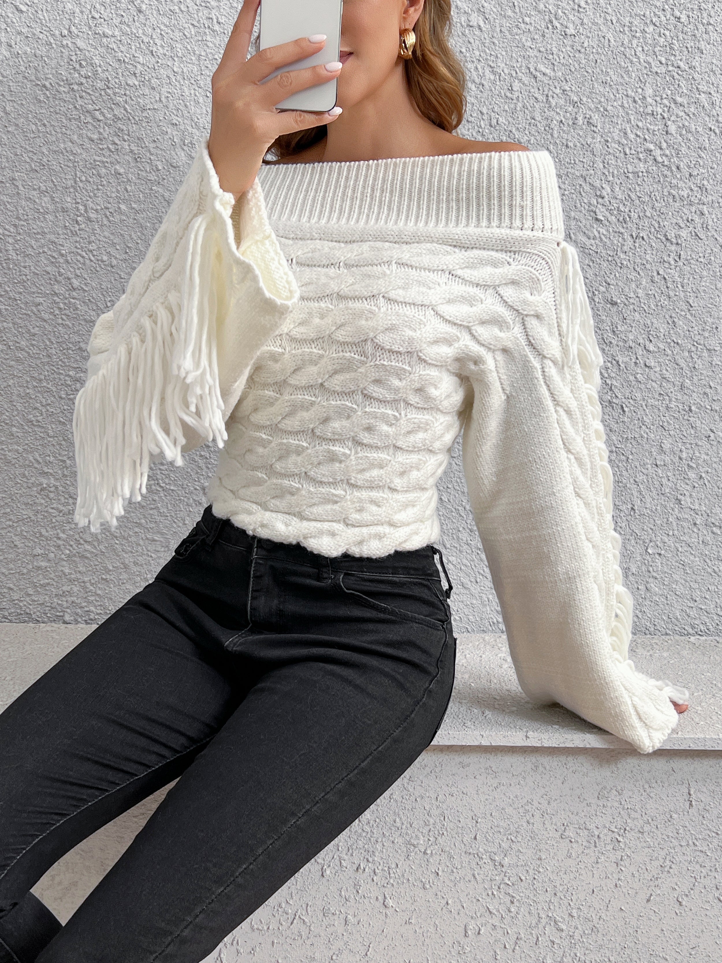 R&B | Off-shoulder Kabelstrick Pullover Unik und Trendy mit Fransen