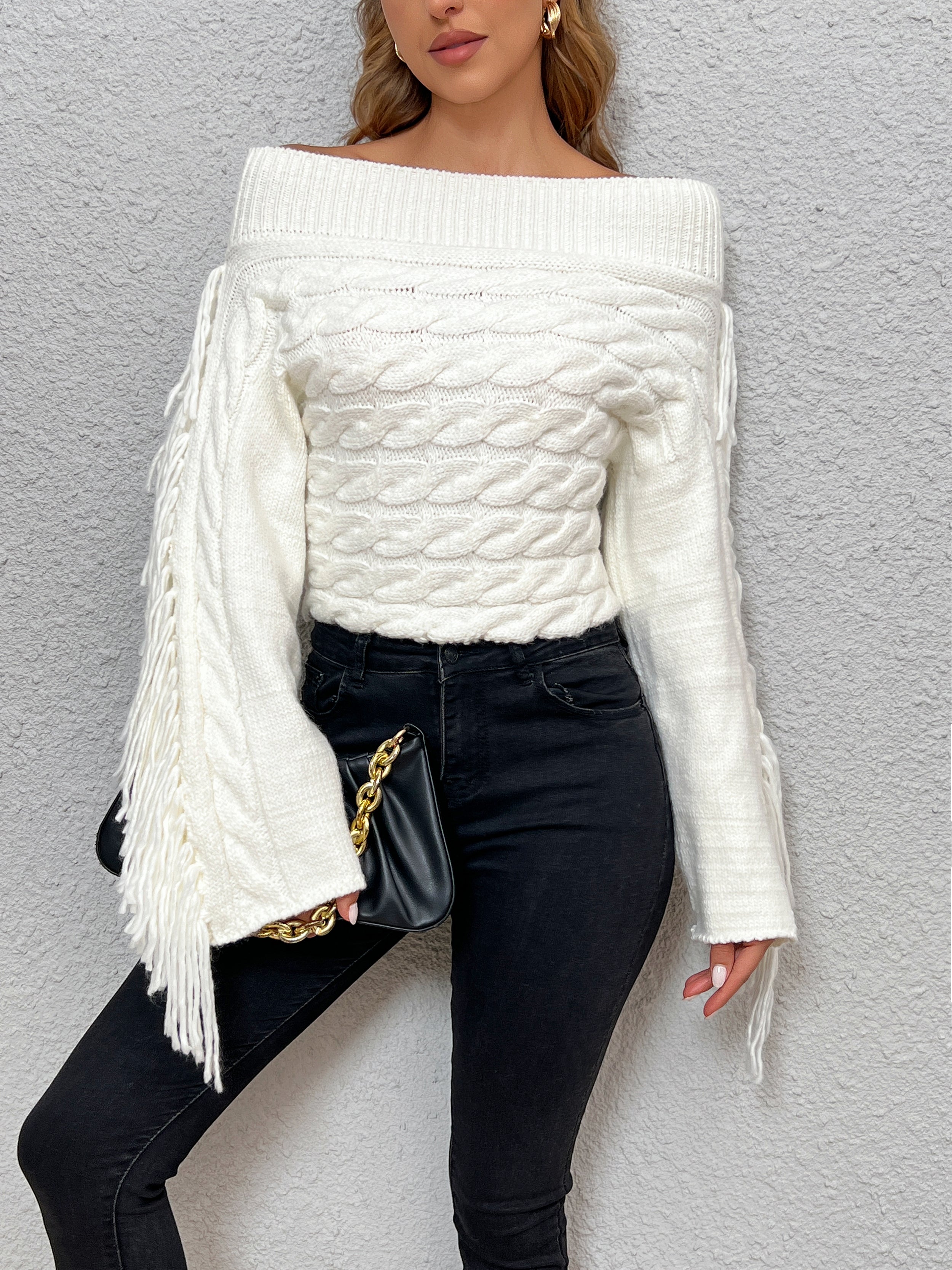 R&B | Off-shoulder Kabelstrick Pullover Unik und Trendy mit Fransen