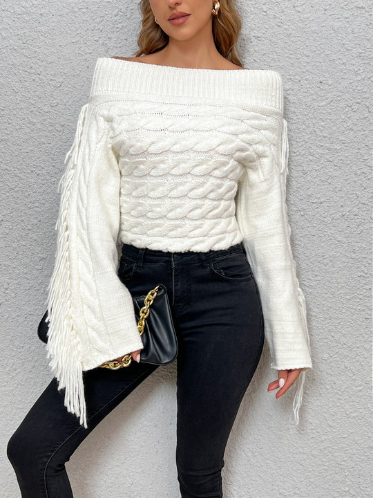 R&B | Off-shoulder Kabelstrick Pullover Unik und Trendy mit Fransen
