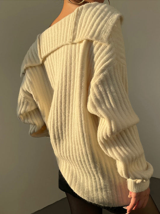 R&B | Off-shoulder Cardigan mit Perlenknöpfen Ribstrick Elegant und Lässig