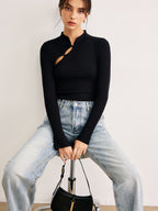 R&B | Langarmige Bluse mit Einzigartigem Ausschnitt Baumwollmischung Modern und Elegant