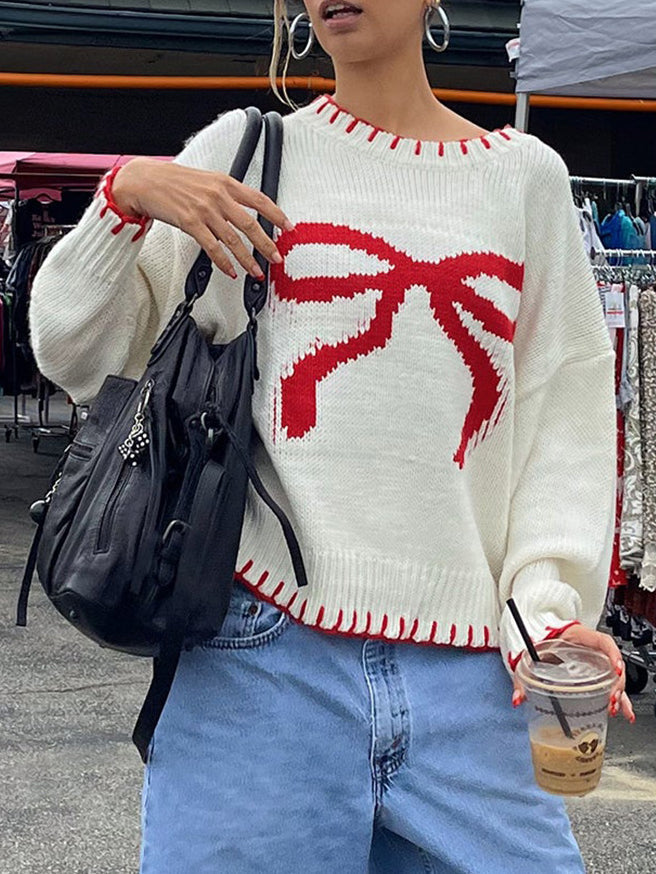 R&B | Strickpullover mit Schleifenmotiv Lässige Passform Süß und Bequem