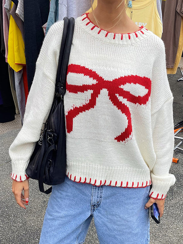 R&B | Strickpullover mit Schleifenmotiv Lässige Passform Süß und Bequem