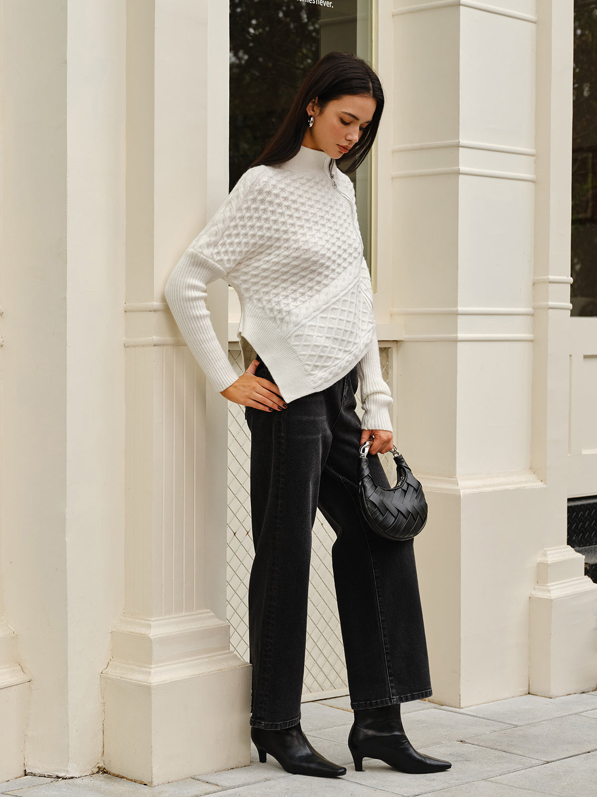 R&B | Strickjacke mit Asymmetrischem Reißverschluss Strukturiertes Muster Modern und Warm