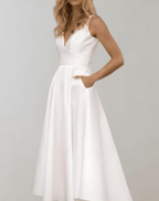 R&B | Weißes Minimalistisches Brautkleid Mit Tiefem V-Ausschnitt Und Taschen