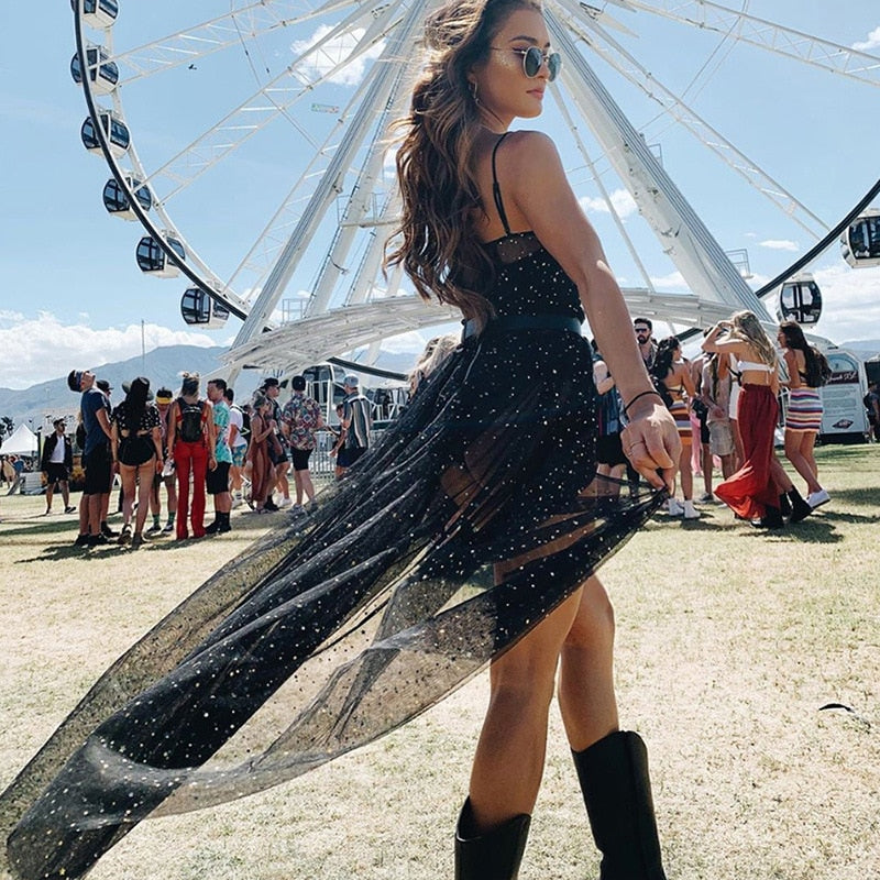 R&B | Stern Schwarz Netz Transparent Ärmelloses Maxi Kleid