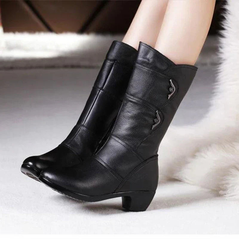 R&B | Damen Trendige Legere Pu Leder Schwarze Stiefel