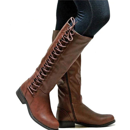 R&B | Knielange Stiefel – Schmale Passform – Schnürung Vorne – Flache Sohle – Seitenreißverschluss