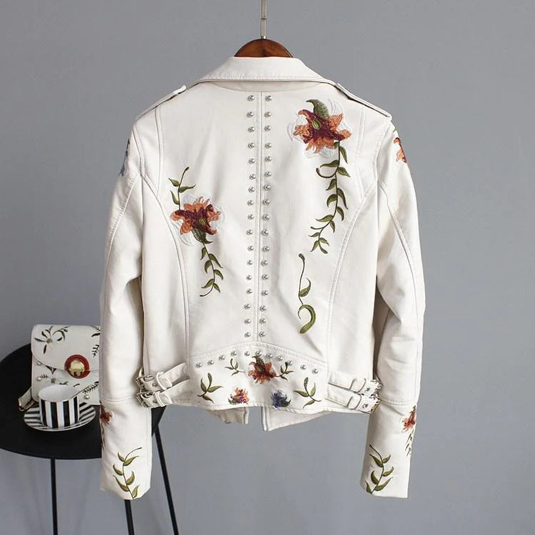 R&B | Bikerjacke - Imitationsleder - Florale Stickerei - Nieten Details - Asymmetrischer Reißverschluss