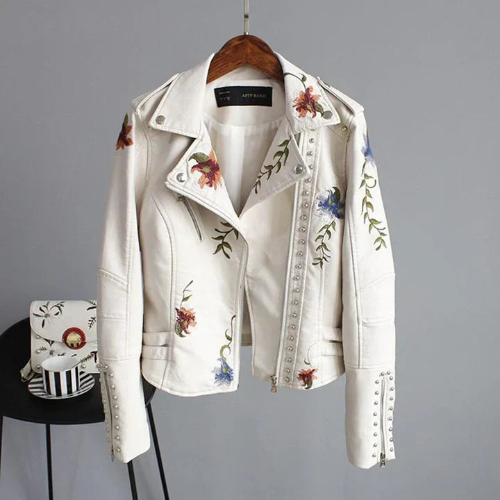 R&B | Bikerjacke Taillierte Passform Florale Stickerei Nieten Details Leichtgewicht