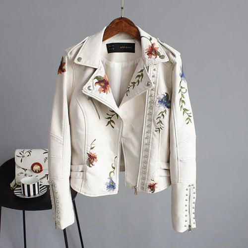 R&B | Bikerjacke Taillierte Passform Florale Stickerei Nieten Details Leichtgewicht