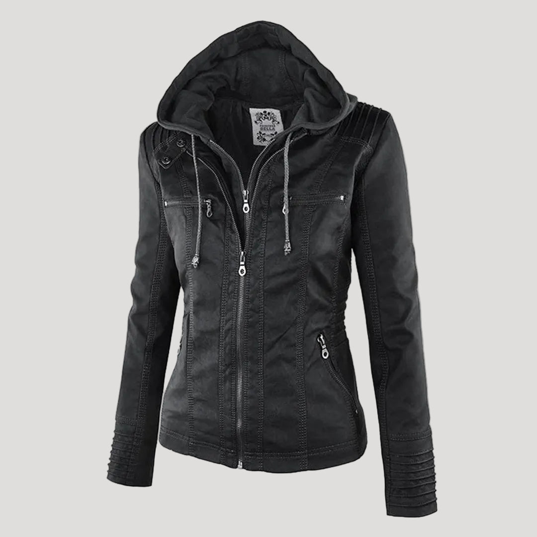 Wetterfester Damen Faux Lederjacke mit Kapuze