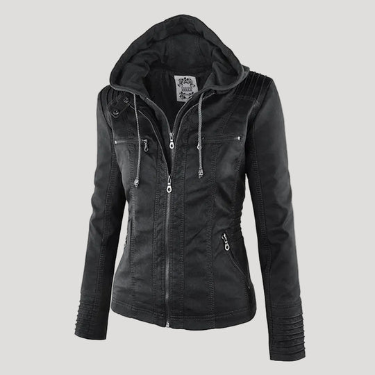 Wetterfester Damen Faux Lederjacke mit Kapuze