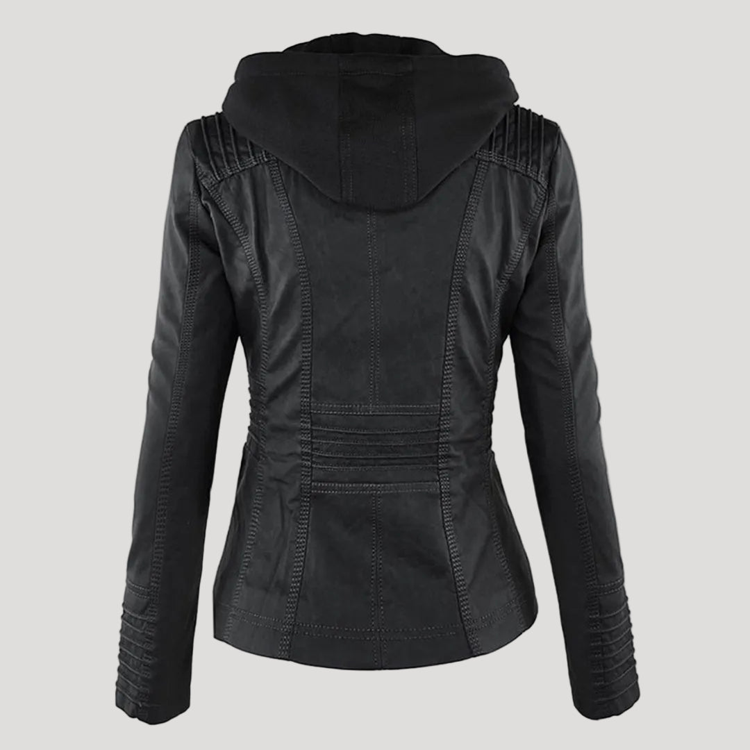 Wetterfester Damen Faux Lederjacke mit Kapuze