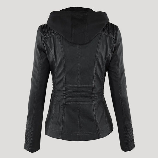 Wetterfester Damen Faux Lederjacke mit Kapuze