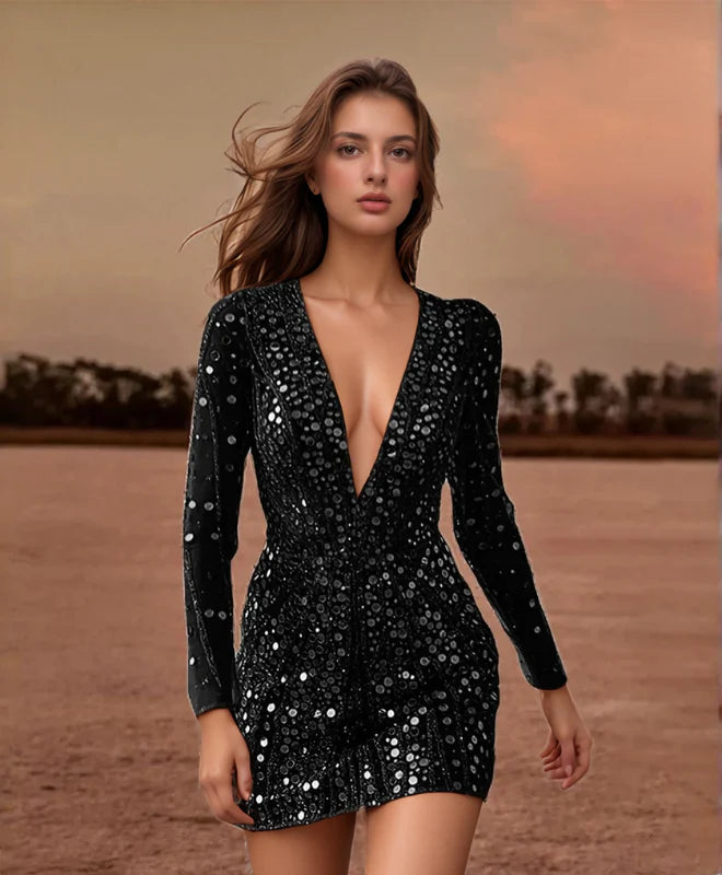 Durchsichtiges Damen Paillettenkleid in Gold für Party & Events | R&B