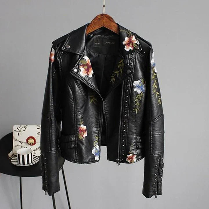 R&B | Bikerjacke Taillierte Passform Florale Stickerei Nieten Details Leichtgewicht