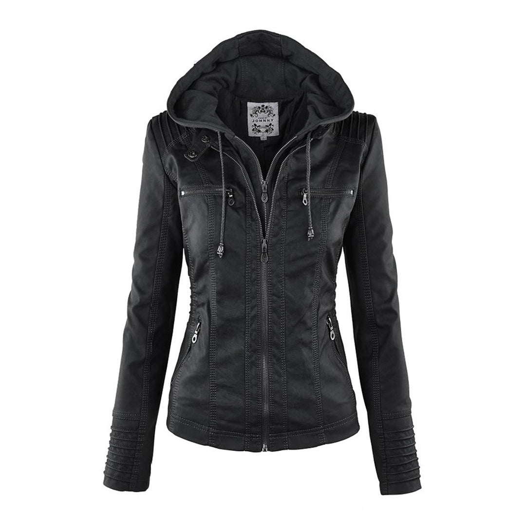 Wetterfester Damen Faux Lederjacke mit Kapuze