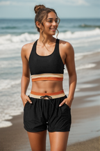 R&B | Schwarzes Colorblock Reißverschluss Rücken Sport Bikini-Oberteil mit Boyshort-Set