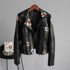 R&B | Bikerjacke - Imitationsleder - Florale Stickerei - Nieten Details - Asymmetrischer Reißverschluss
