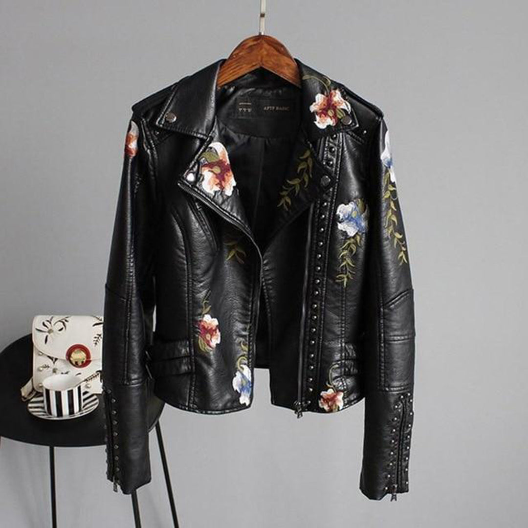 R&B | Bikerjacke - Imitationsleder - Florale Stickerei - Nieten Details - Asymmetrischer Reißverschluss