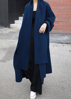 R&B | Wickelmantel - eleganter blauer langer Damenmantel mit Schal