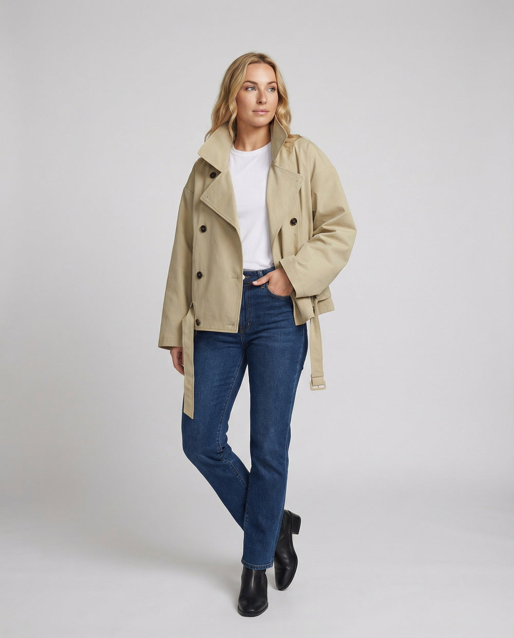 Kurzjacke Zweireihig Retro Oversize Trenchcoat-Stil American Vintage