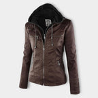Wetterfester Damen Faux Lederjacke mit Kapuze