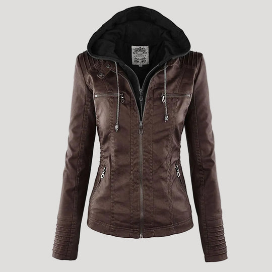 Wetterfester Damen Faux Lederjacke mit Kapuze