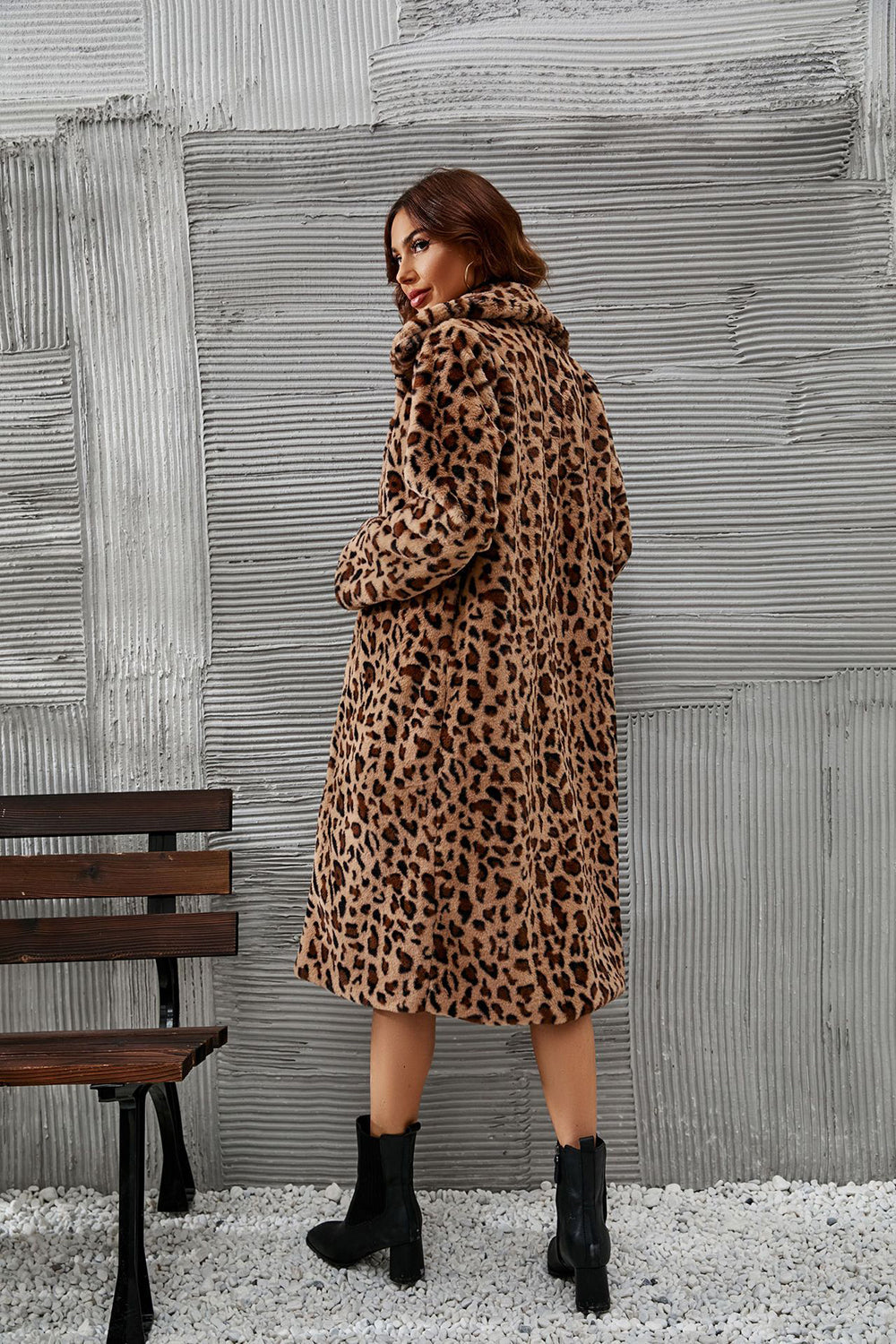 R&B | Damen Lange Imitatpelzjacke mit Leopardenmuster und luxuriöser Verarbeitung