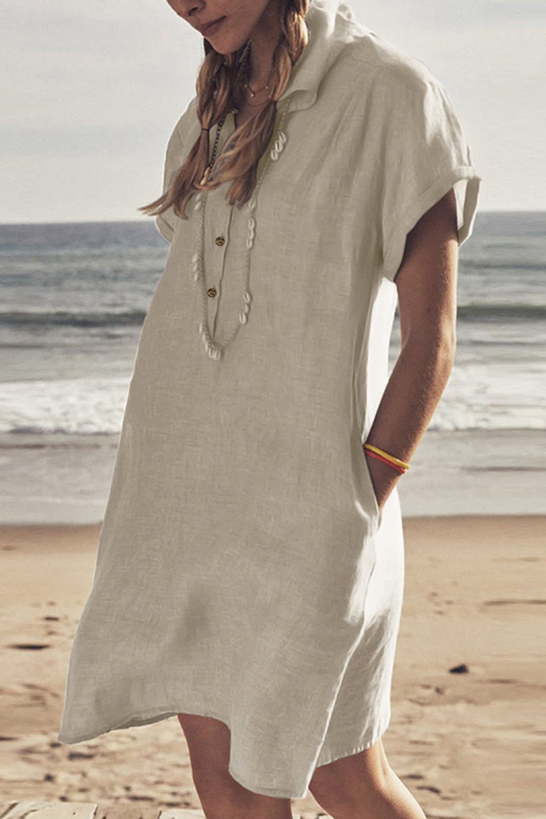 R&B | Knopf Unten Baumwoll Strandkleid