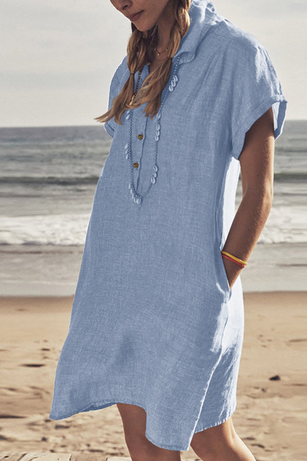 R&B | Knopfverschluss Baumwoll-Leinen Strandkleid
