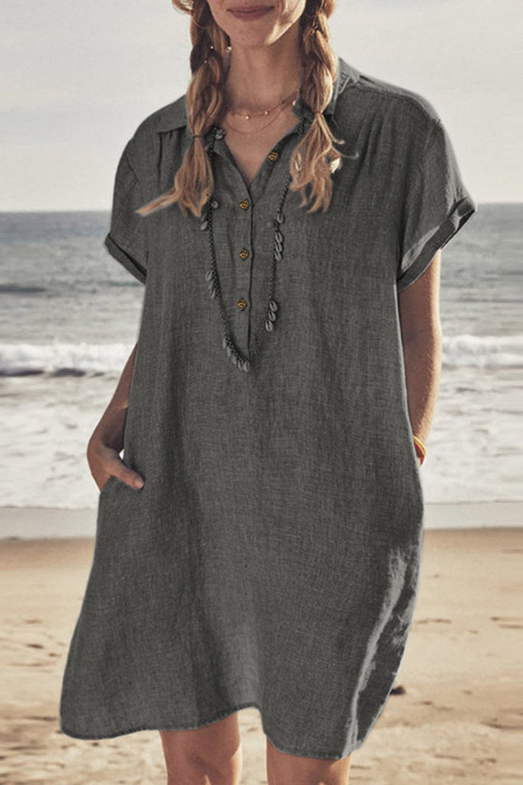 R&B | Knopf Unten Baumwoll Strandkleid
